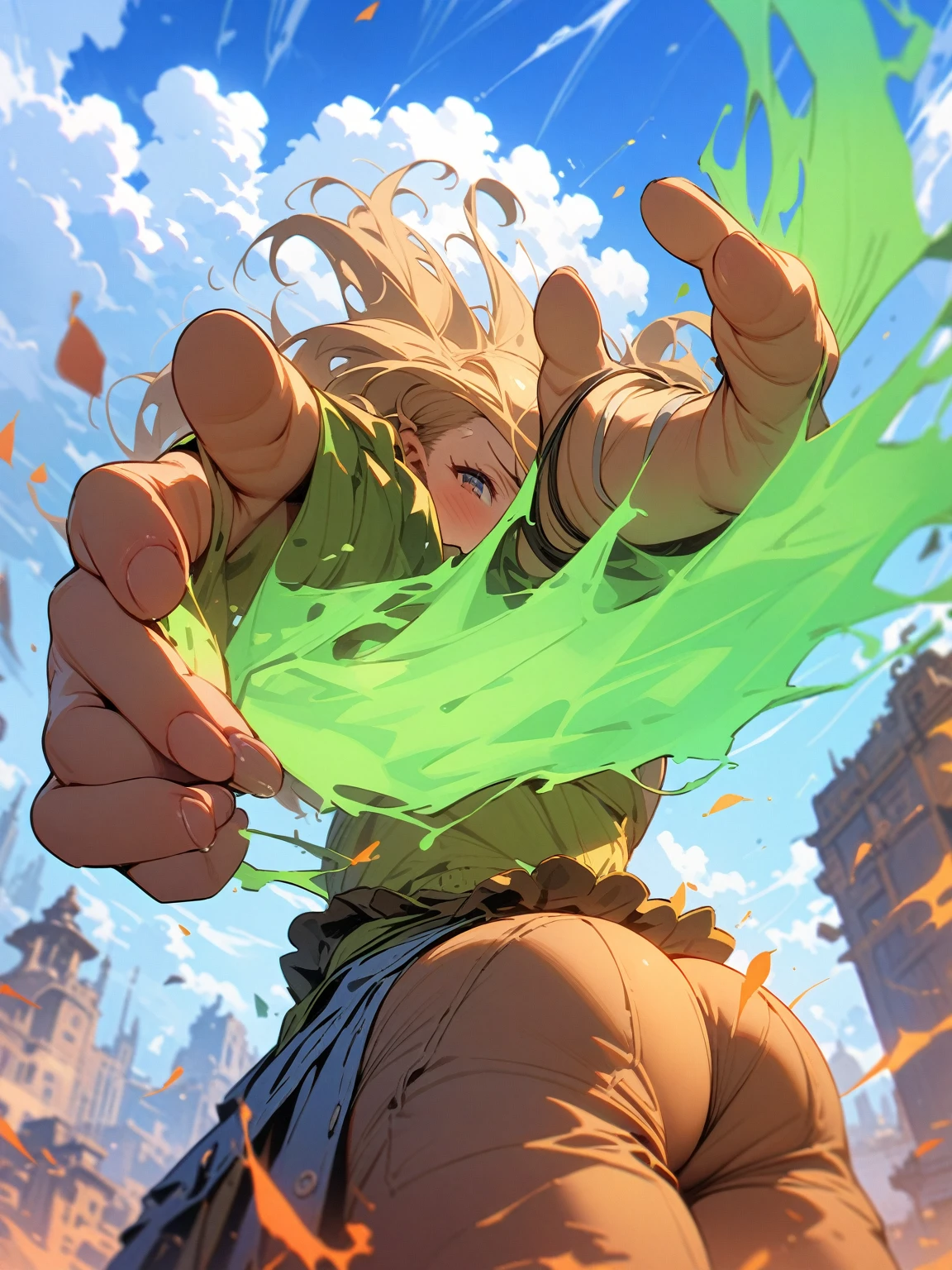 Perfect、Masterpiece、Exquisite iris detail、Professional illustrations、Perfect looks、Cinematic lighting、Detailed face, eyes and hair、Beauty、Alone、female、sauce_game、Bianca in Dragon Quest 5、Big Breasts、Large Breasts、Blonde、Long Hair、Braid、Emerald green dress、Orange Cape、boots、Silver necklace、On all fours、Low - Angle、Best Shot、Excessive sweating all over the body、My whole body is shaking、Eyes filled with tears、Saliva、Lost the battle、Dirty clothes、Torn clothing、Erect nipples、Breast milk、Milking machine、shame、My face is red with embarrassment