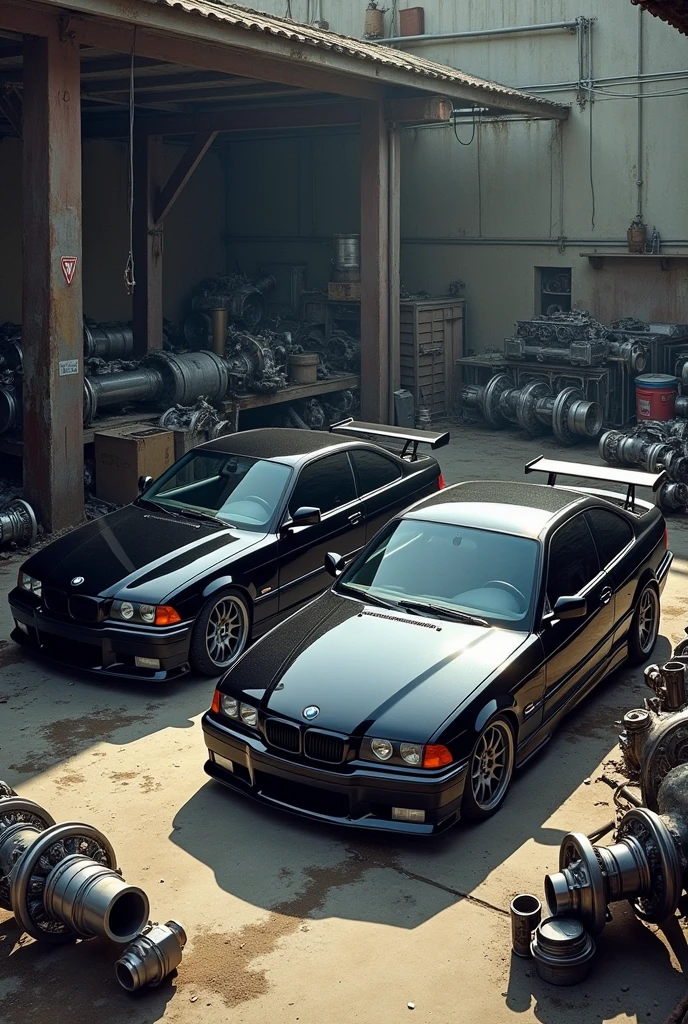 Drawing of two black BMW e36s in a workshop with turbines, piston, white, valve train and wheels thrown around the yard 