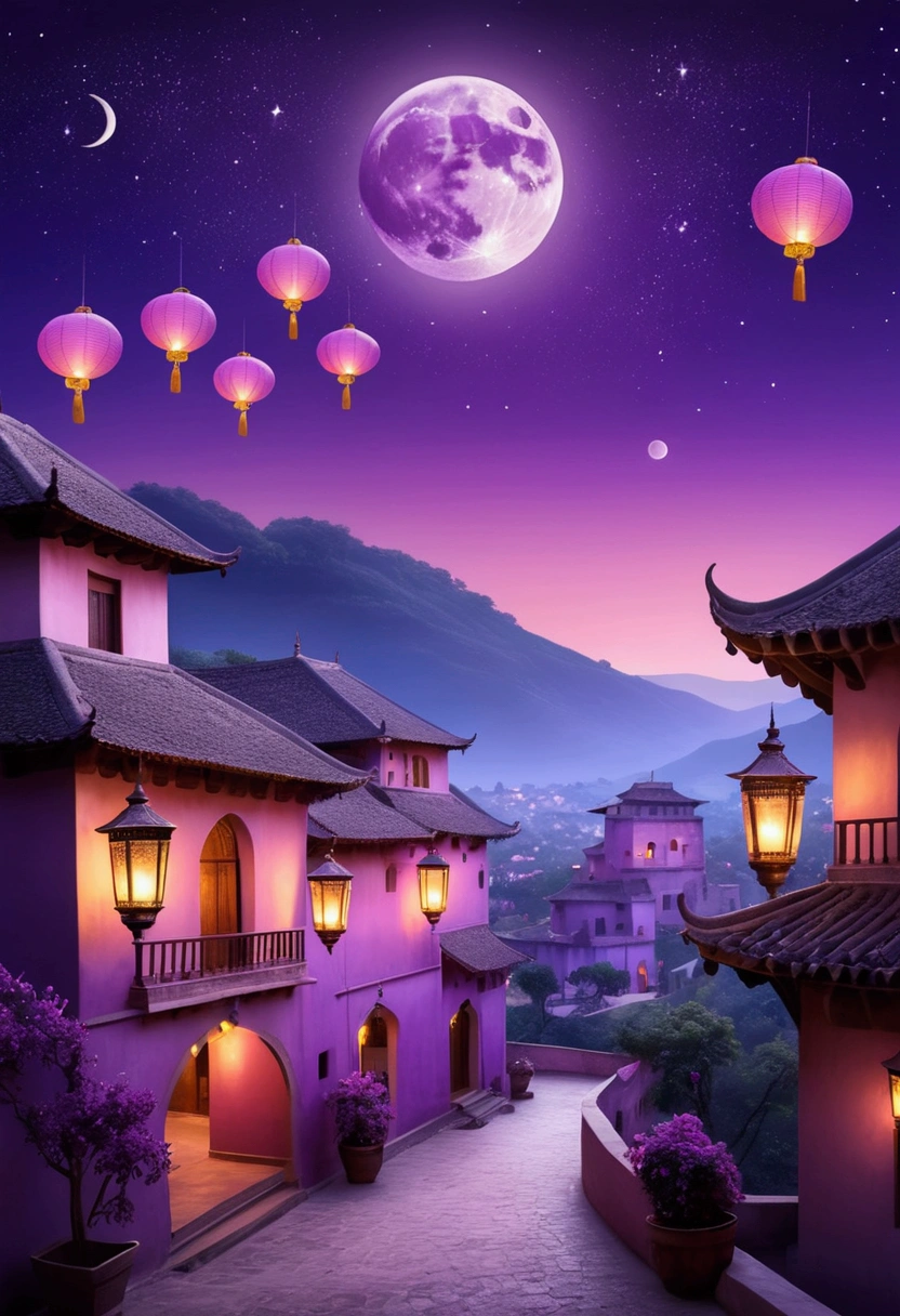 Picture of a palace at night with a purple and violet gradient sky shining brightly with the moon and stars and a beautiful village view. The palace is also very beautiful. In the sky there are lanterns flying.