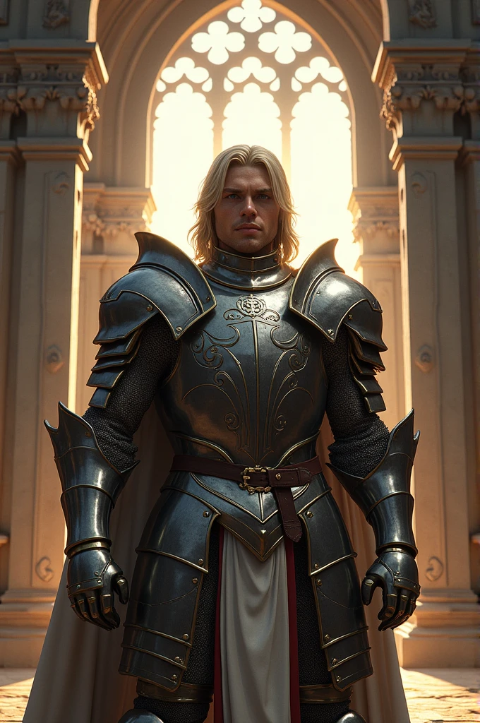 Blond man in armor in a castle setting 