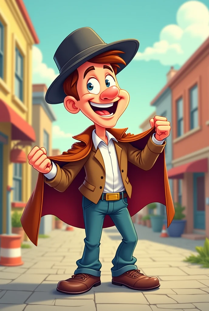 A man took of his coat and hat ,then started to do the task with a lift of his chin and a bit of a grin
In cartoon mode