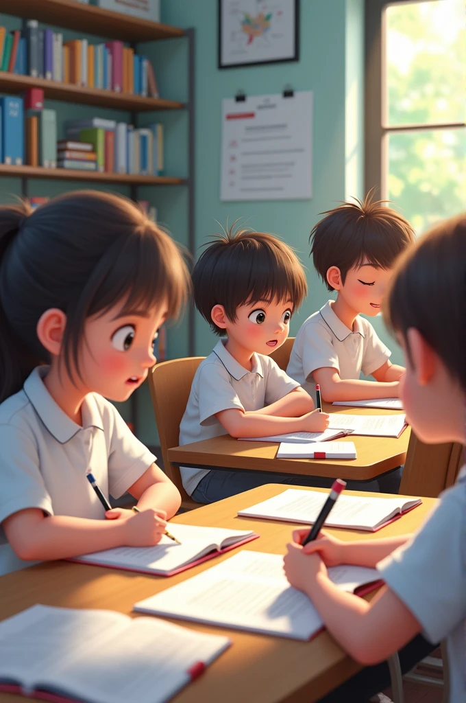 Students of elementary class studying with practical work wearing uniform of purple color shirt and black color trousers 