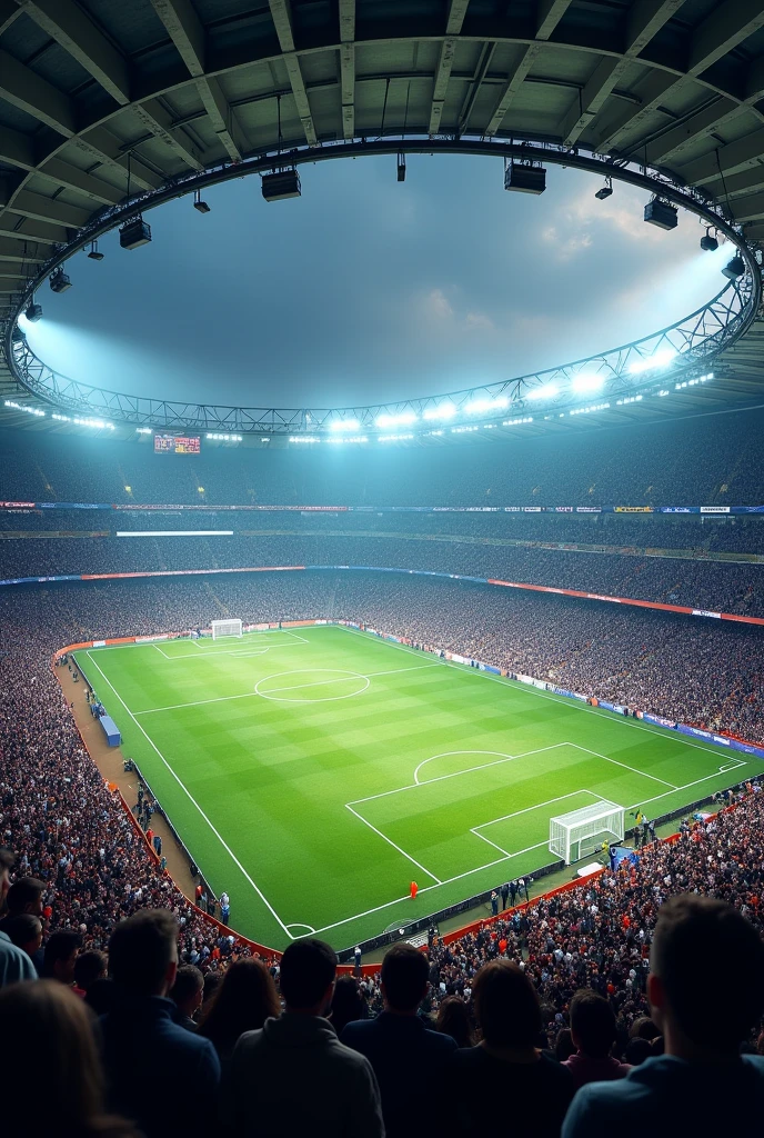 (photorealism:1.2), Football stadium full of people inside the stadium and outside with an incredible atmosphere