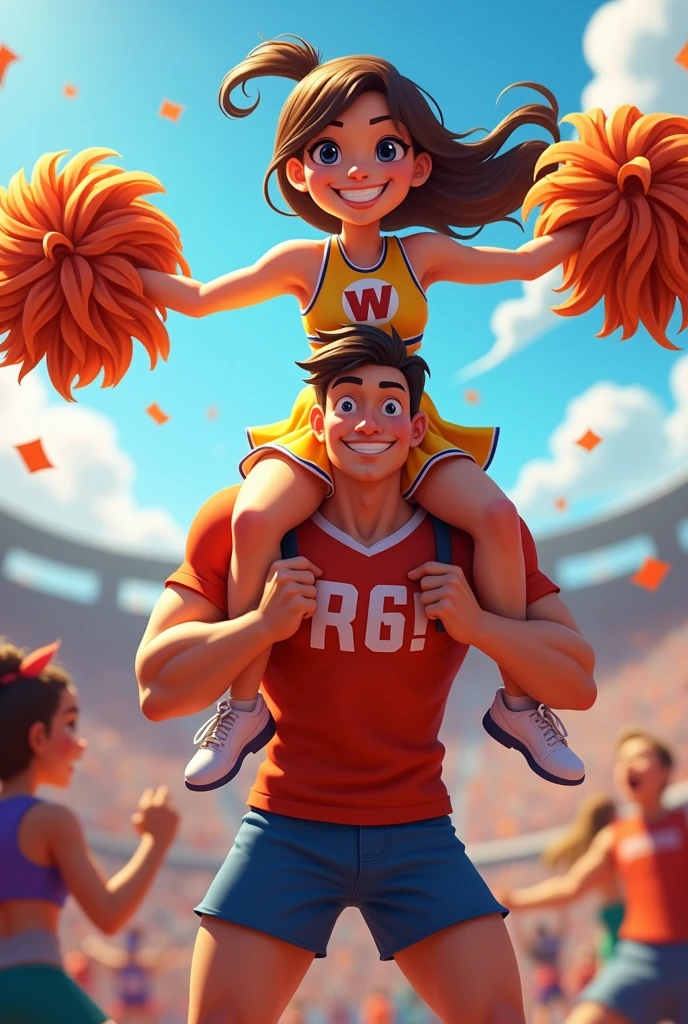  Female cheerleader riding on mens shoulder 
