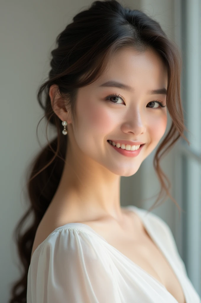 Generate a high-quality, sophisticated profile picture of a beautiful young woman. The woman should have a graceful and elegant appearance, with a natural and charming smile. Ensure the portrait is well-lit, focusing on soft, flattering lighting that highlights her features. The background should be minimalist and clean, perhaps with a soft, neutral color or a subtle gradient to keep the focus on her. The overall color palette should be gentle and refined, using pastel or muted tones. The image should convey a sense of professionalism and elegance, with a focus on high resolution and aesthetic appeal.