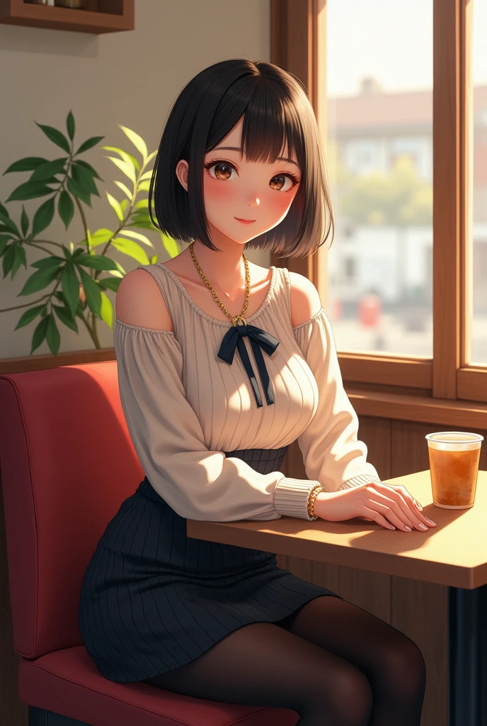 Haibara Ai、8K Ultra HD、granularity、Fujifilm XT3、(Highest quality:1.3)、(Masterpiece:1.1)、High resolution、Cinematic Light、Intricate details、(Realistic)、outside、outsideは美しい、sunny、 Korean Girls、(Cafe:1.5)、Dimples、Bobcut、View Viewer、Detailed tree、ribbon、bow tie、Bare shoulders、Ribbed sweater、 Pencil Skirt、High Waist Skirt、Headrest、Sitting、Inside the house、 necklace、Black Pantyhose、seat transport sweater、(smile)、(whole body:1.6)、thin、
