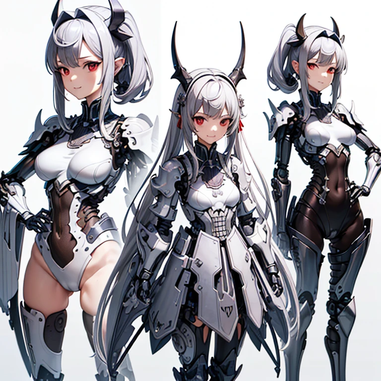 (最high quality, masterpiece), Standing girl, ((three views, Front, back and sides))), full body, Simple Background, High resolution, gauze, smile, Shortcuts, bangs, Red eyes, Headpiece, 目の間のbangs, head band, Horns of the beast, Accurate, Anatomically correct, Attention to detail, High resolutionモデル, high quality, Very detailed, Grey Hair, Silver Hair, Intersecting bangs, Hide your ears, Please open your mouth a little, Smiling with teeth showing, Slanted Eyes, bonus, Mole at the corner of the mouth, Feather Hair Accessories, Cast a Shadow, 8k octane, anime, Brown Skin, Bone wings on the back, Exposed breasts, Shoulder Bare, Mechanical Limbs、