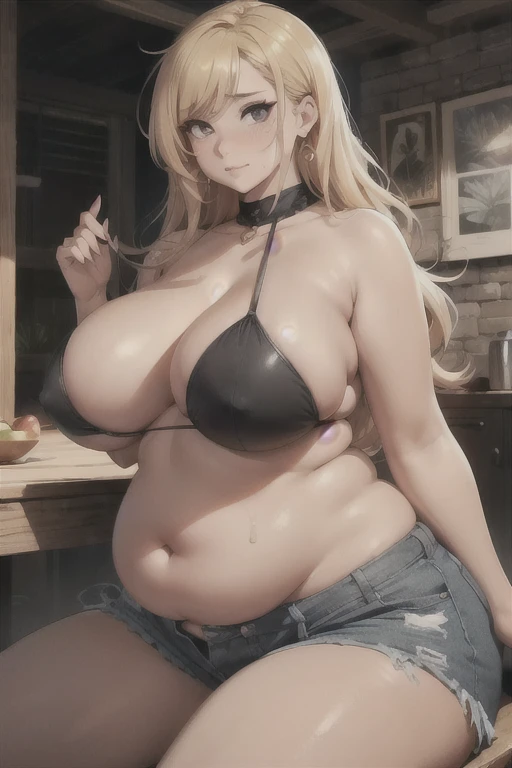 best quality, high rating, 8k, high resolution, beautiful face, gorgeous, masterpiece, ((flawless)), (((high rating))), (highly detailed face), masterpiece, full resolution, highly detailed skin texture, 8k, high resolution, beautiful face, 1woman, stuffed belly, chubby, c.cu(artist), blushyspicy(artist), wide eyes, embarrassed, surprised, shocked, large_breasts, wide_hips, big_butt, deep navel, burping, long hair, dark tanned skin, (huge chubby belly), soft belly, smooth belly, overweight, belly_grab, sitting, hyper boobs, tight clothes, grabbing belly, jean shorts, black bikini top, blonde hair, (hyper gigantic fatass)