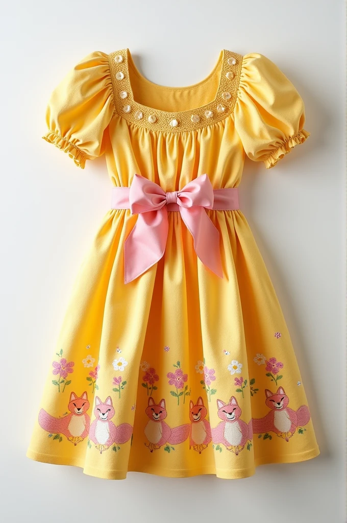 The dress was peasant-girl pretty, with a sweetheart neckline, puffed sleeves, and a knee-length skirt that cinched at the waist with a wide pink ribbon, which formed a cheerful bow in back. The fabric was a simple yellow eyelet, dotted with pink and white flowers and dancing foxes.
