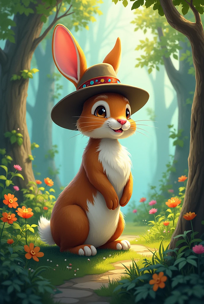 Rabbit wearing a hat, 2D image, forest in background 