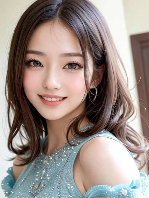 ((Highest quality、High resolution))、((medium shot:1.5))、A neat and pretty woman、Perfect body、Beautiful breasts、(Medium Hair)、bangs、embellished sexy dress、Sexually excited expression、