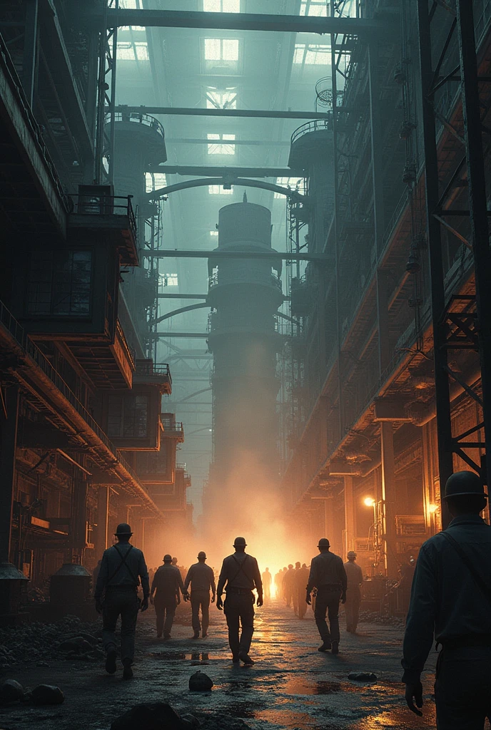 an industrial warehouse, big and noisy, where several machines operate constantly