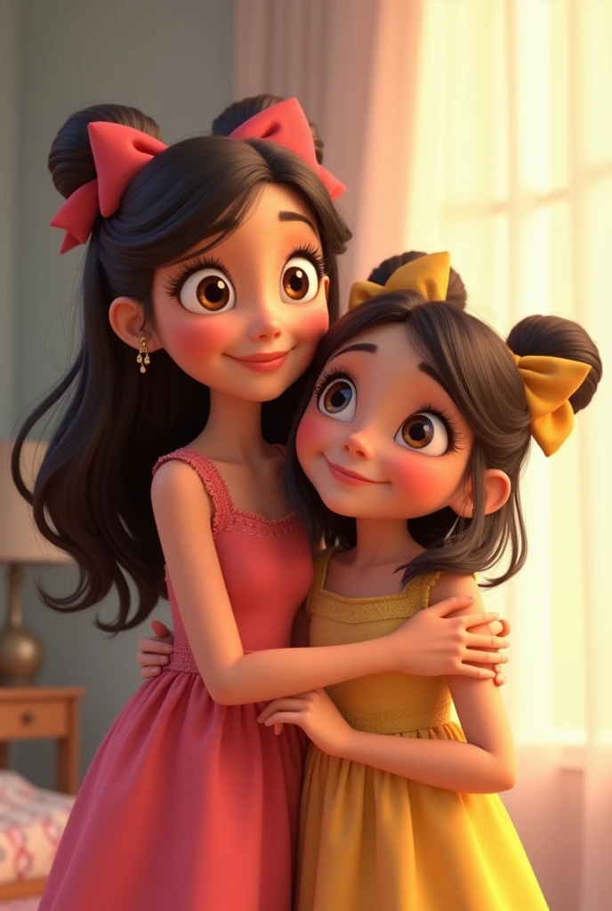 Mother and daughter with matching bows in their hair, wearing dresses, very happy and smiling together. A cute and inspiring Pixar image.
