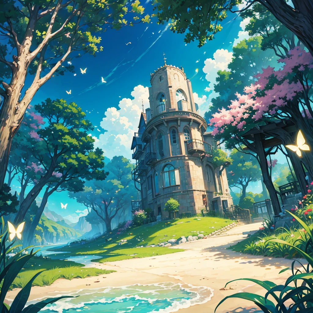 anime landscape, just landscape, ugly, 4k, with neon butterflies, flores