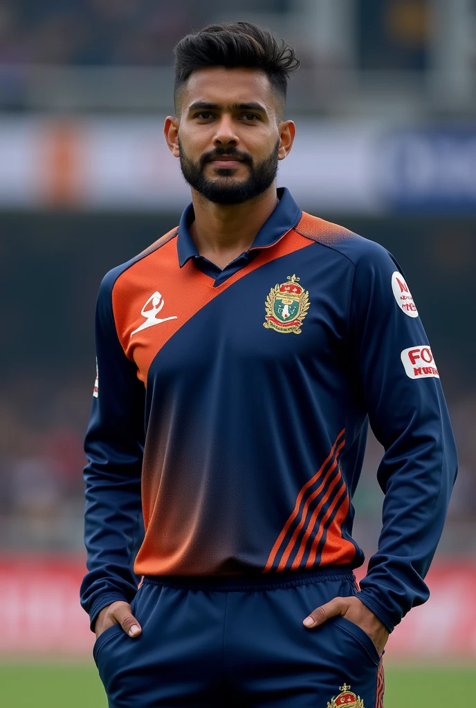 Cricket full sleeve jersey in navy blue and orange mix colors