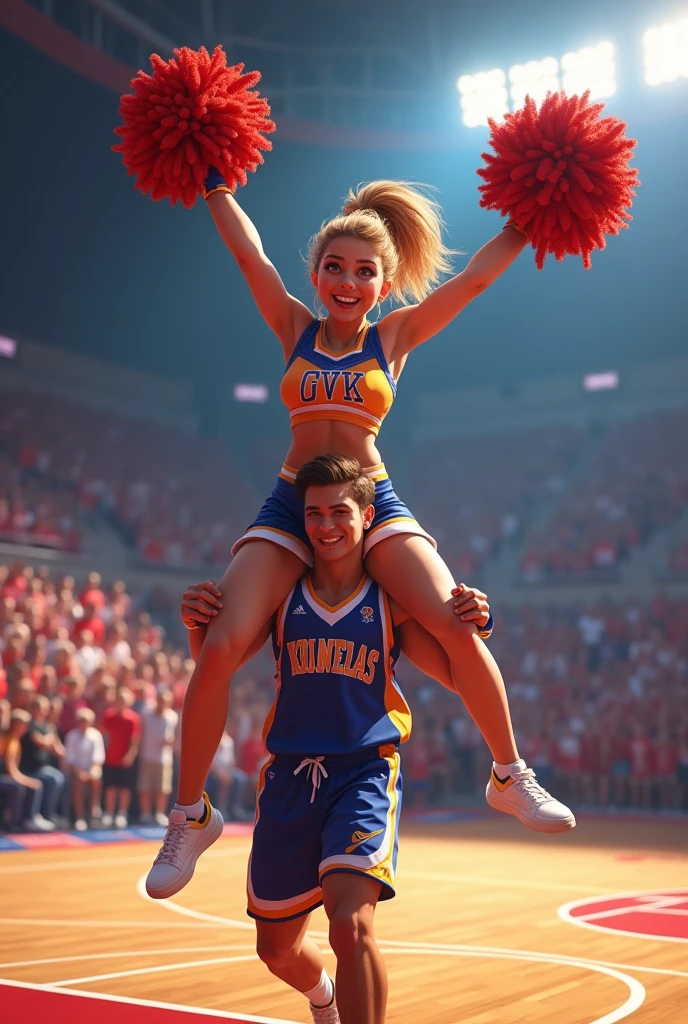  Female cheerleader riding on male cheer shoulders in basketball 
