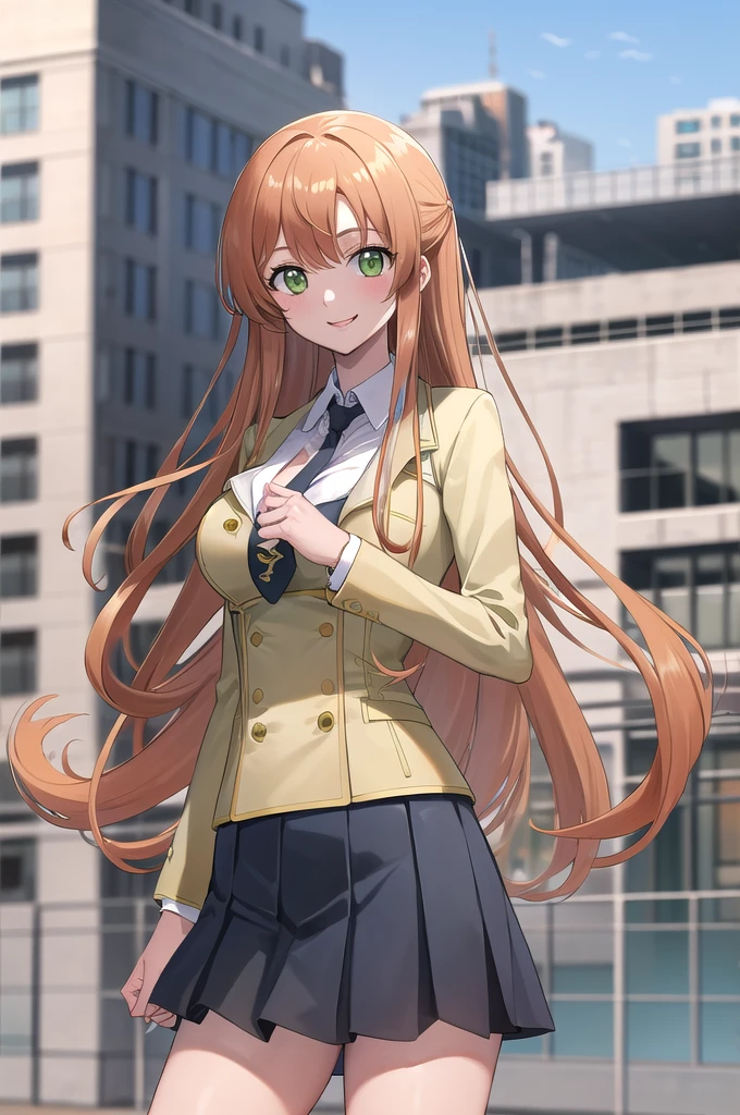 masterpiece, best quality,score_9, score_8_up, score_7_up, score_6_up, score_5_up, score_4_up,masterpiece, best quality,masterpiece, Highest quality, High resolution, Humusil, Long Hair, Green Eyes, school uniform, Yellow Jacket, Black Skirt, tie, Pleated skirt, Cowboy Shot, Outdoor, smile,cleavage between breasts,large breasts,