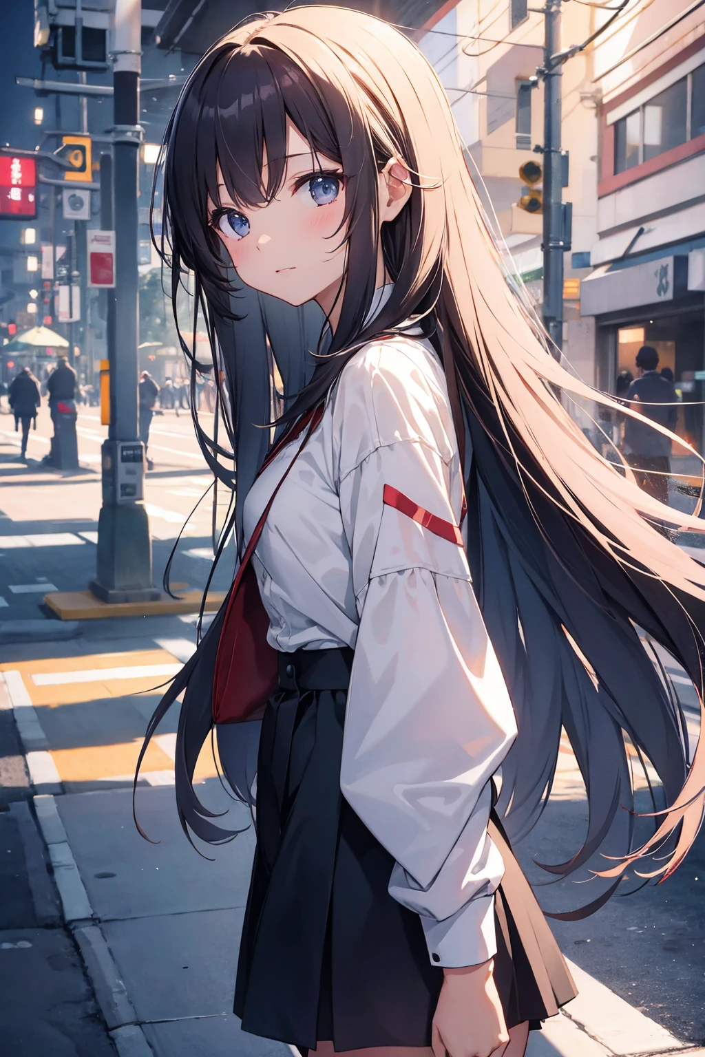 Highest quality, Ultra-high resolution, Very delicate, beautiful girl, 8k wallpaper, From the side, Facing the audience, Outdoor, Somewhere in the city, shirt, skirt, Happy, Small breasts，Flat chest，((Highest quality)), (Very detailed), (High-definition CG synthesis 8k wallpaper), 高いly detailed,  高い-definition raw colbor photos, Professional photography,  Written boundary depth,