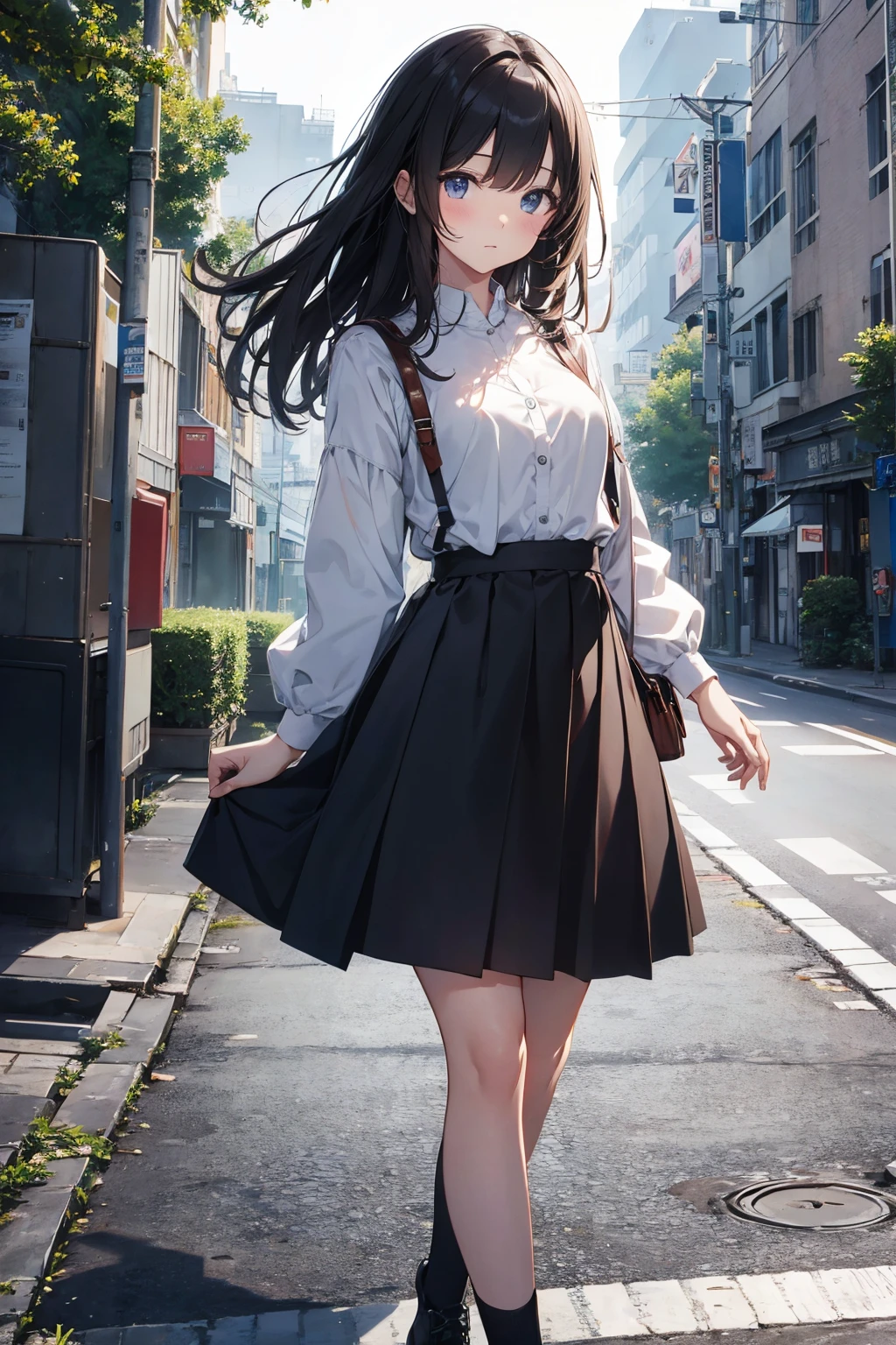 Highest quality, Ultra-high resolution, Very delicate, beautiful girl, 8k wallpaper, From the side, Facing the audience, Outdoor, Somewhere in the city, shirt, skirt, Happy, Small breasts,Flat chest,((Highest quality)), (Very detailed), (High-definition CG synthesis 8k wallpaper), 高いly detailed, 高い-definition raw colbor photos, Professional photography, Written boundary depth,