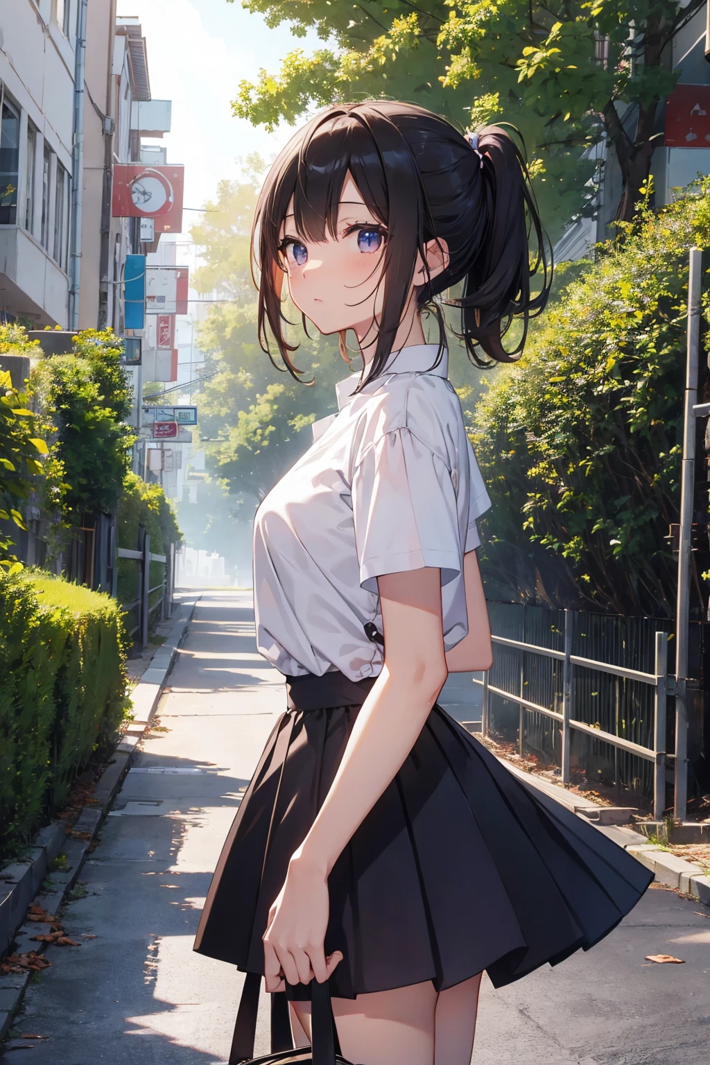 Highest quality, Ultra-high resolution, Very delicate, beautiful girl, 8k wallpaper, From the side, Facing the audience, Outdoor, Somewhere in the city, shirt, skirt, Happy, Small breasts,Flat chest,((Highest quality)), (Very detailed), (High-definition CG synthesis 8k wallpaper), 高いly detailed, 高い-definition raw colbor photos, Professional photography, Written boundary depth,