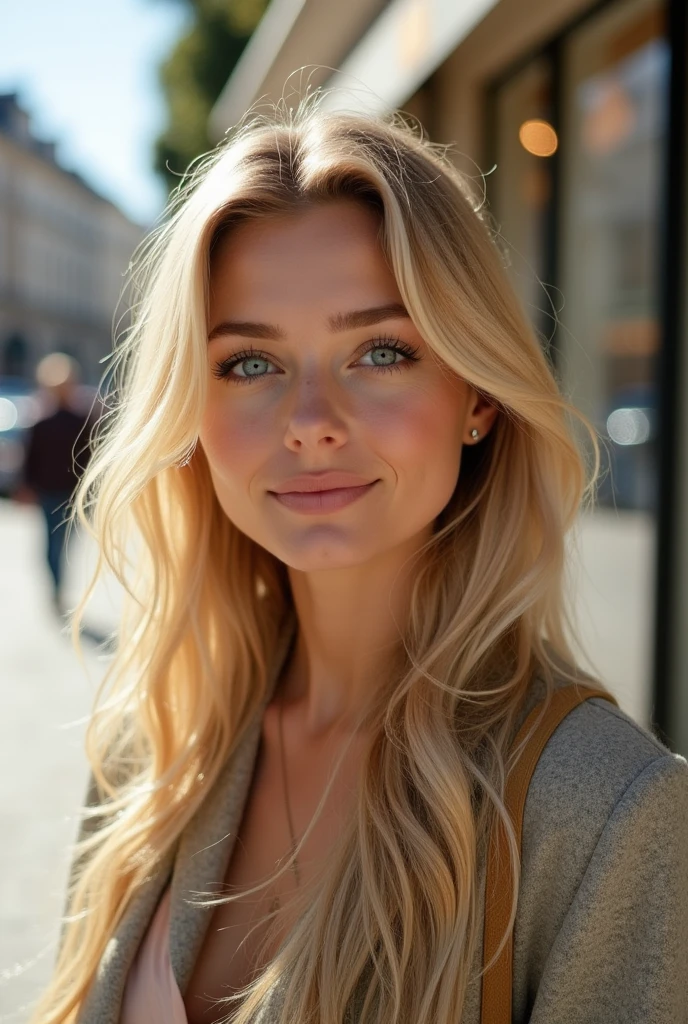 Create a realistic image of a 20 year old woman, longs cheveux blonds, Yeux bleu-vert faisant du shopping 