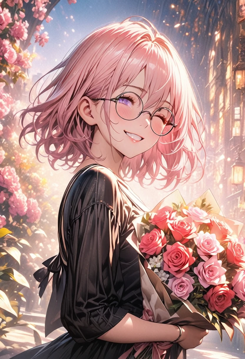masterpiece, Highest quality, Highly detailed CG Unity 8K wallpapers, Realistic skin texture, Realistic texture, Anatomy of the hand, High School Girl Anime Illustration. Wearing a tight-fitting black dress, Holding a colorful bouquet、she has her eyes closed and mouth open, smile. The background is a light pastel colored landscape.., Pink Hair Color, Light purple eyes,Short Bob,Round Glasses, The background is full of flowers., Bokeh, Shallow depth of field, Cowboy Shot