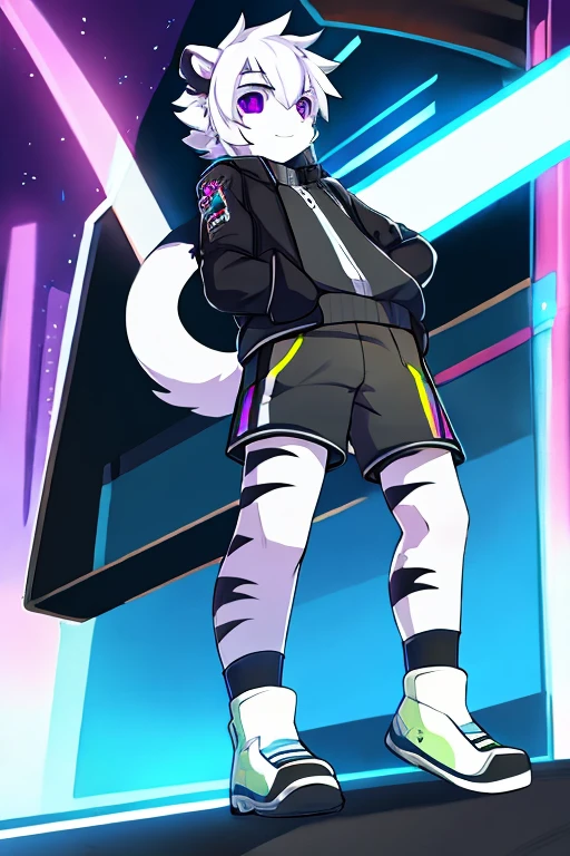 White fur tiger, , adolesh white tail, White hair, black jacket, address shirt, shorts negros, purple eyes, hacker