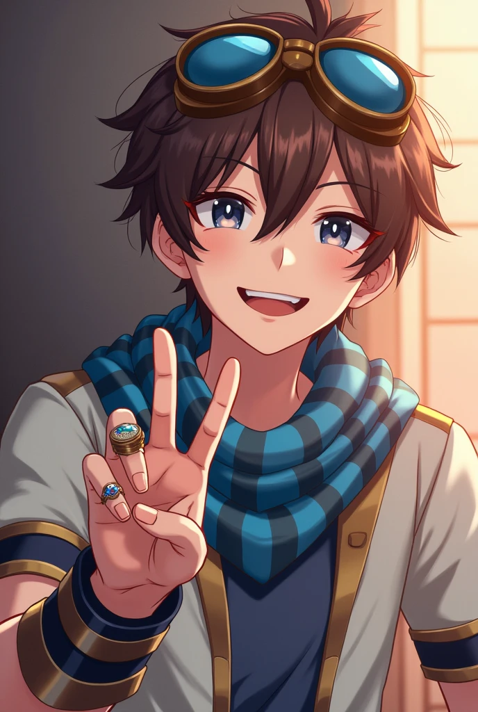 The image shows a guy with a friendly smile.. He has brown hair, slightly wavy, and they cover the forehead a little. On his head are glasses or goggles with blue lenses.. naked guy , which is decorated with a blue scarf with a checkered pattern. He shows the peace sign (V-shaped gesture) Right hand, on whose fingers you can see rings. The sleeves of his shirt are trimmed with gold edging., and on the left sleeve you can see a cuff with a dark stripe. And next to her stands a naked beautiful Asian woman standing and jumping on his dick
