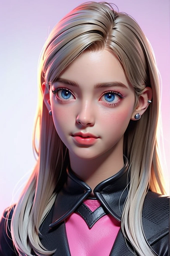 masterpiece, best quality,3d rending work,3DMM style, close-up, portrait, 3D,1girl, solo, perfect face, long hair, academy blue school uniform , long light blonde hair dyed with tint of pink color and with cute fluffy bangs well styled, hair dyed with pink color, detailed light blue eyes highlight light reflecting in her eyes, looking straight to the viewer, realistic, upper body, white background, colorful lighting, lips, edgy makeup, black shade of makeup on eyelids, ear piercing, fair skin, perfect hourglass body, she has sharp jawline, photo card, The artwork should have the best quality, with ultra-detailed and realistic features. The color palette should be vivid, and the lighting should emphasize the character's facial structure and expression.