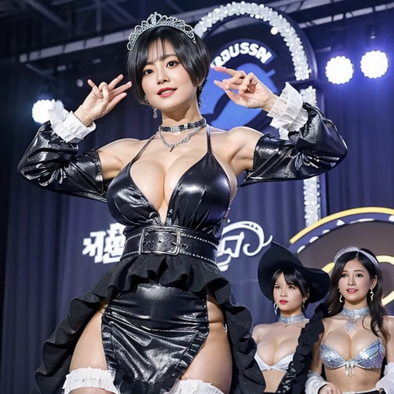 ((super high quality、High resolution、masterpiece、 Anatomically correct、Highly detailed photos、Ultra-realistic photos、 Highest quality))、(((((One person)))))、View your audience、Live Stage、Spotlight、(Cowboy Shot)、(Idol Costumes:1.2)、(Huge breasts:1.2)、Tight waist、Detailed face、Perfect figure、Black Hair、(Vulgar Idol、Vulgar costumes:1.8)、tiara、Lots of jewellery accessories、Lots of necklaces、Big Buckle Belt、