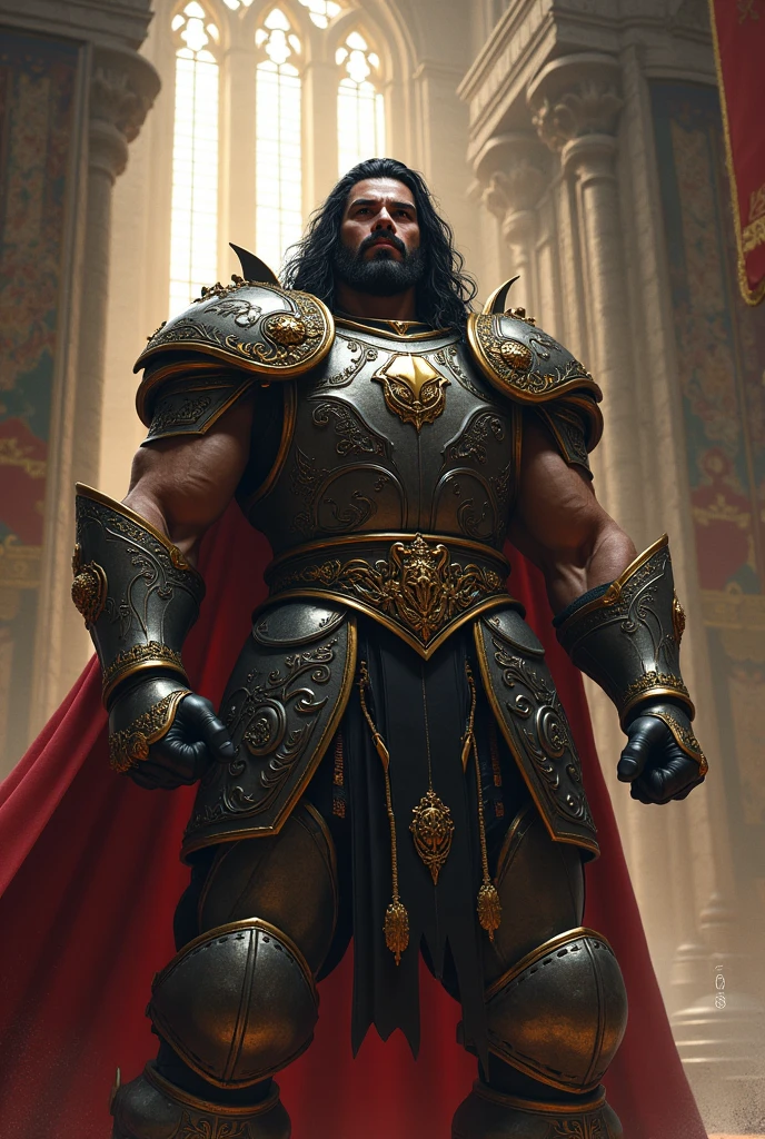 Black haired man in armor in a castle setting 