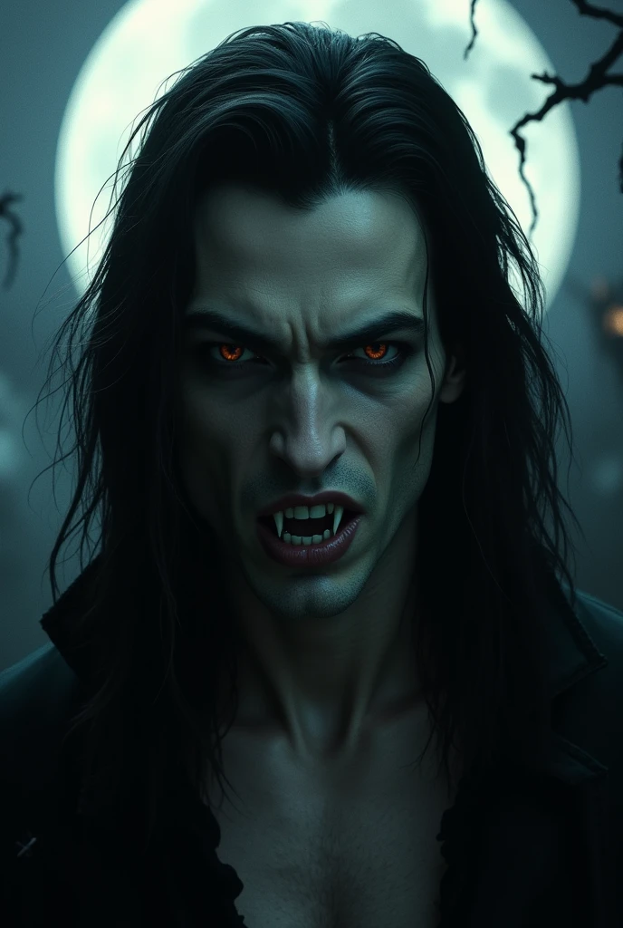a close up of a person’s face with a full moon in the background, a picture, gothic art, long fangs, with long hair and piercing eyes, male vampire, iron maiden