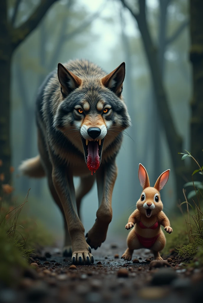 create a photo realistic digital art. 3D. 4k. scene of an angry wolf. wolf is chasing a rabbit. rabbit's mouth has a red bra and a panty. panty and bra is wet