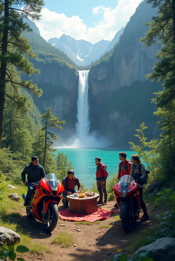 Group of friends hiking to a waterfall, with superbikes parking omat the side and having lunch