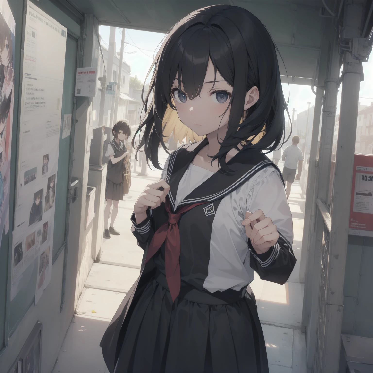 ultra-absurdres-Top quality by artist God, ultra-detailed, high resolution, anime moe artstyle, best anime 8k konachan wallpaper, pixiv contest winner, pool:2810, perfect anatomy,break, 1girl, (Please draw a girl walking sleepily to school alone. )break,(Solo,little female, -yeld:1.Full limbs, complete fingers,a junior hihort hair), short cut, flat chest, , small butt, small black eyes, beautiful detailed eyes, well-proportioned iris and pupils, expressive eyes, highres detailed hair, soft expression, salor school_uniform, sailor collar, serahuku, bow, pleated skirt,(Detailed Lighting), (Detailed background), in the School commute route. break,super detailed skin, Best cinematic lighting powered by famous artist, 8k,beauty illustration,photoshop_(medium),very aesthetic,break,((artist:yuureidoushi_(yuurei6214) )), artist:clamp ,artist:carnelian ,artist:kantoku ,