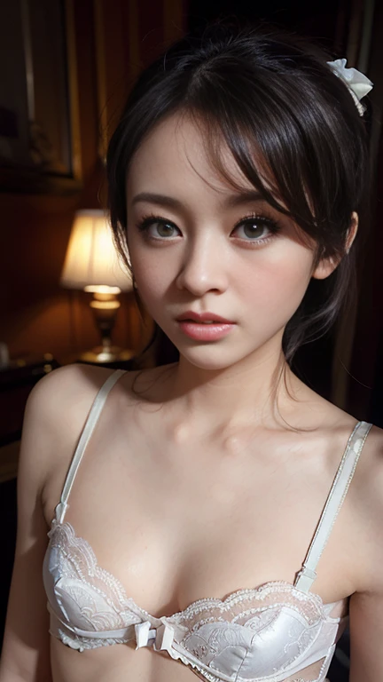 (Photorealistic:1.4), (Masterpiece, Sidelight, Fine Beautiful Eyes: 1.2), Masterpiece*, Realistic, 3D Face, Luminous Eyes, Glossy Hair, Glossy Skin, Alone, Embarrassing, (Epigastric), Sexy Underwear, , SMALL and PERKY BREAST, BUN