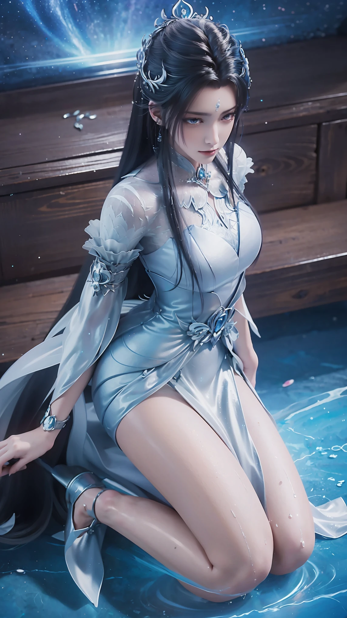 Cartoon woman kneeling on the starry sky, Water splashes at the knees，CG Social Trends, Smooth anime CG art, Starry sky background，Full body view，Royal sister kneeling posture