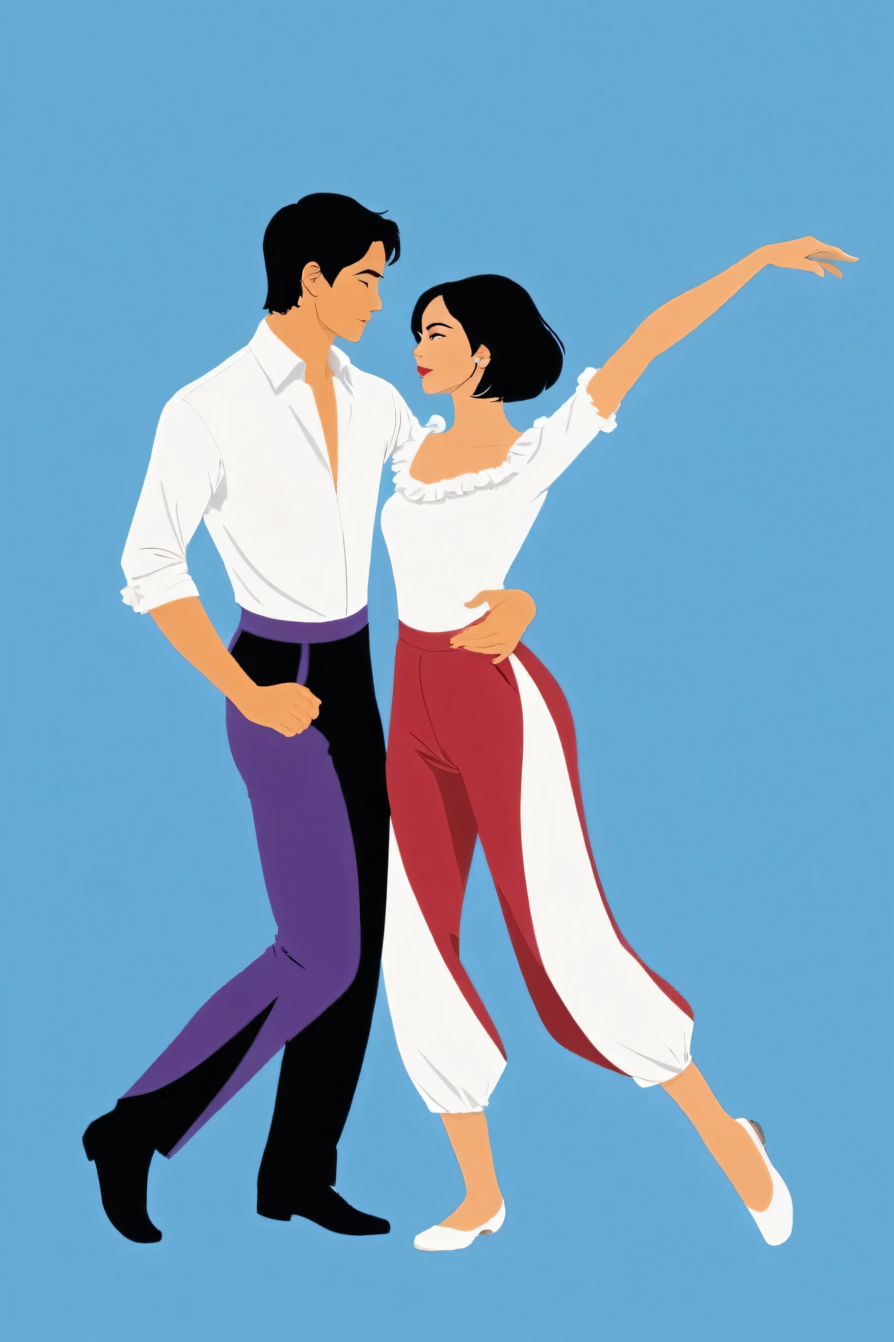 Vector illustration, minimalist, flat color , couple in a moment suspended in rhythm—a choreography that pulses with life. Couple entwined, their bodies creating an exquisite arc of movement. Of a Latin dance. Looking at viewers. man with black hair in a white long collar shirt with and black pants. His left hand rests on the partner’s back, guiding her with gentle authority. His right hand clasps and hold hers, a lifeline. Their fingers interlock—a promise of synchrony. woman with black bob hair cut in a short sleeve red ruffle off the shoulder top, and purple pants, One leg lifts, bent at the knee, resting against the leader’s leg. Balance and trust intertwine. Her other foot remains grounded, rooted like a tree. Her free hand extends outward, reaching for the unseen. Blue background
