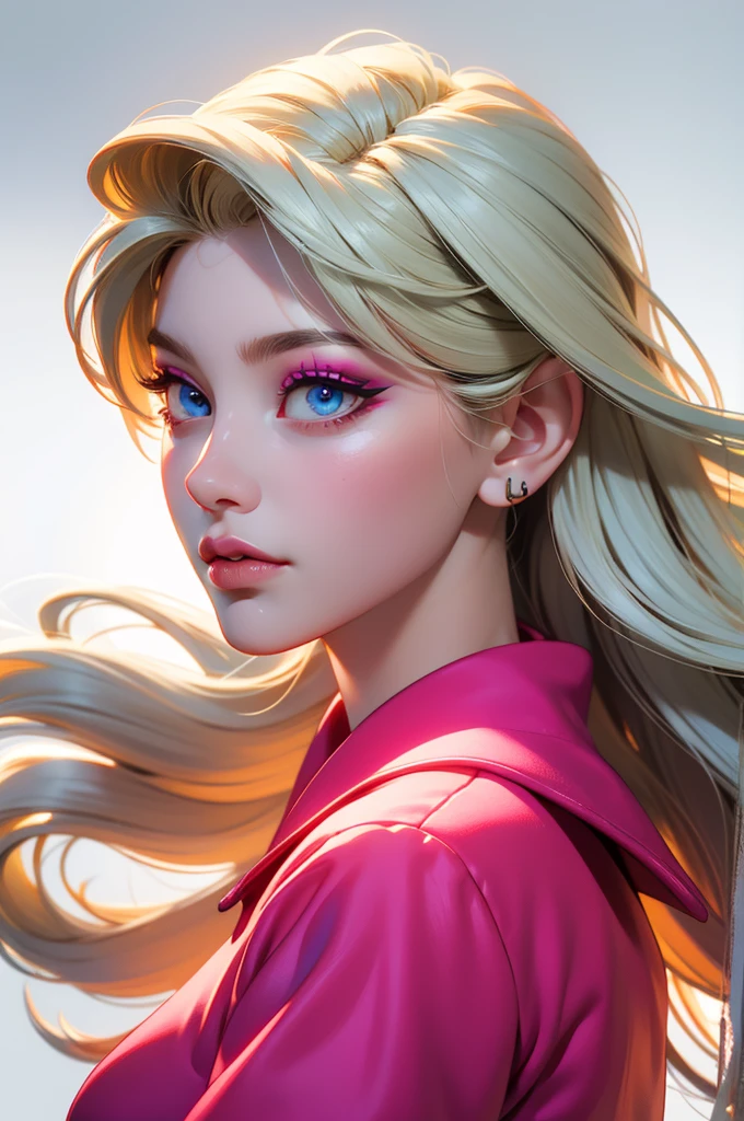 masterpiece, best quality,3d rending work,3DMM style, close-up, portrait, 3D,1girl, solo, perfect face, long hair, academy blue school uniform , long light blonde hair dyed with tint of pink color and with cute fluffy bangs well styled, hair dyed with pink color, detailed light blue eyes highlight light reflecting in her eyes, looking straight to the viewer, realistic, upper body, white background, colorful lighting, lips, edgy makeup, black shade of makeup on eyelids, ear piercing, fair skin, perfect hourglass body, she has sharp jawline, photo card, The artwork should have the best quality, with ultra-detailed and realistic features. The color palette should be vivid, and the lighting should emphasize the character's facial structure and expression.