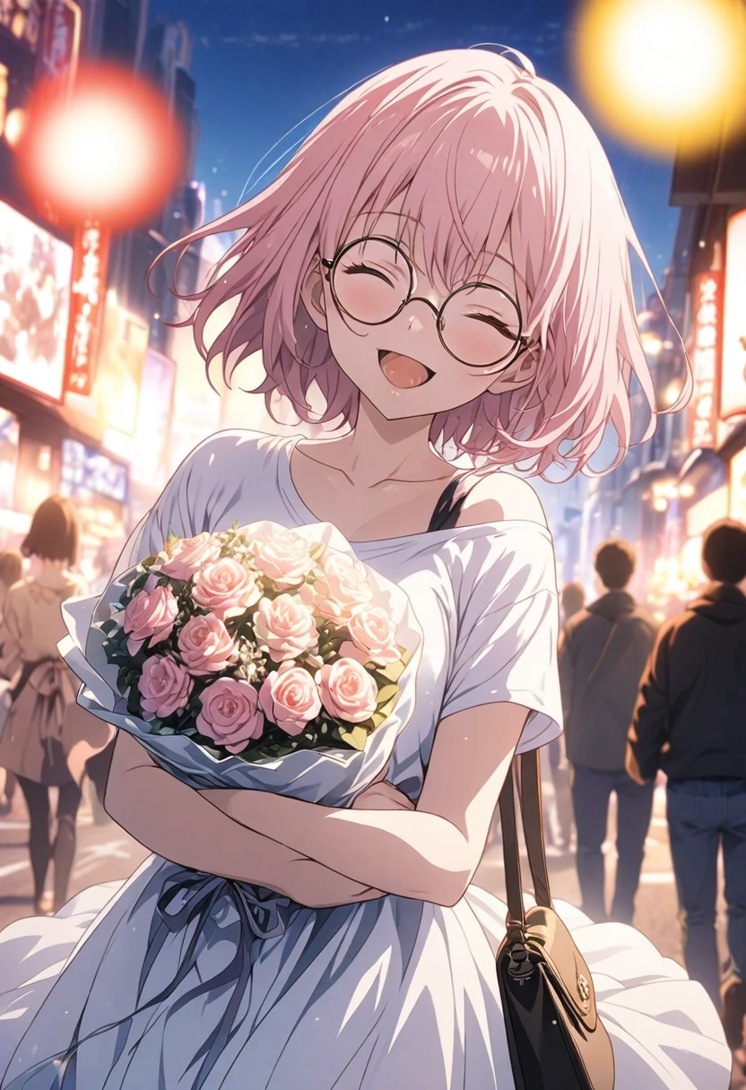 1People Girls, masterpiece, Highest quality, Highly detailed CG Unity 8k wallpaper, Anime illustration. Wear an oversized tank top, Wearing a sexy dress., paw poseのポーズ, She closes her eyes and opens her mouth wide, smile. Pink Hair Color, Light purple eyes,Short Bob,Round Glasses, Bokeh, Street Style Fashion, holding a bouquet, Shoulder bag included, Lens flare, The rising sun, Pink Sky, The background is the cityscape, Bokeh photo, (Soft Focus): 1.2, Out of focus highlights, Dreamy atmosphere, Fascinating Depth