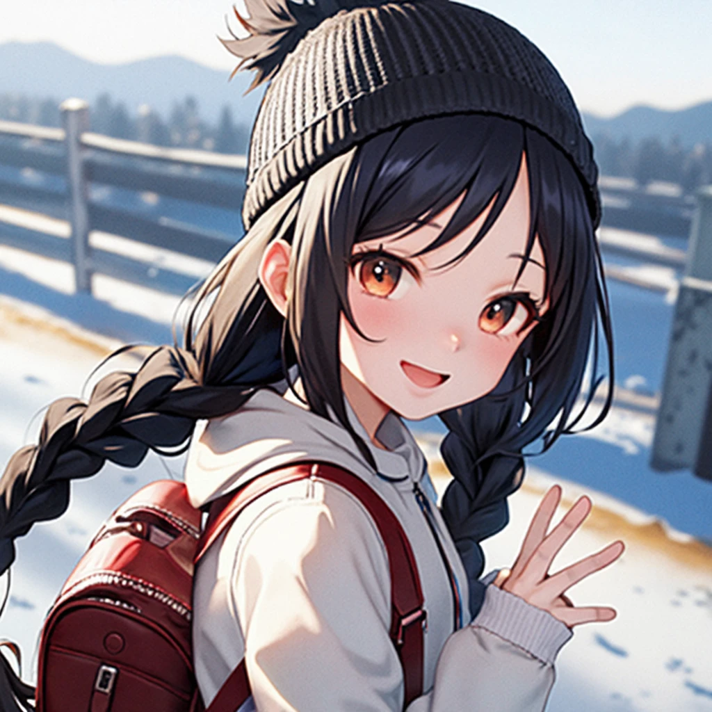 girl1人\(very cute,Soft Skin,(girl:2.0),red面,Child body type,Dark Eyes,Black Hair,Shiny Hair,Braided twin tails,Pink Skirt,White jacket(Blue Ribbon\),Japanese school bags(red\), Character Focus,Front view,Cute Smile,Please wave your right hand,white breath,Ministry of Rural Affairs,shining white snow,blue sky,Beautiful Clouds,quality\(8k,Very detailedなCGユニットの壁紙, masterpiece,High resolution,top-quality,top-quality real texture skin,Surreal,Increase the resolution,RAW Photos,highest quality,Very detailed,Cinema Lighting,Ray Tracing,)