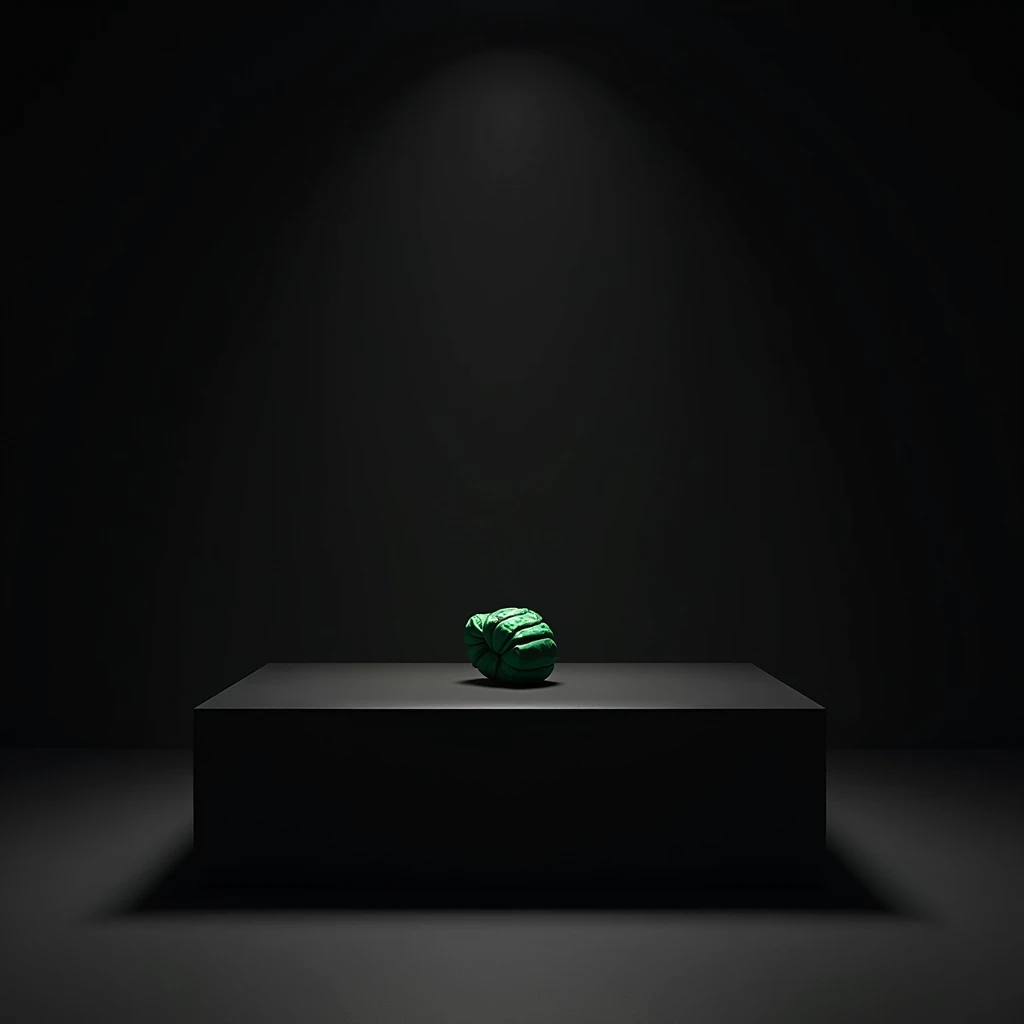 main item is a high ,black ,huge surface ,table displaying a very small green cude(size like a fist) with no shadow ,
and Henry Cavill standing next to it
and the whole body facing the camera
the back ground is a black wall
taking a realistic far view photo