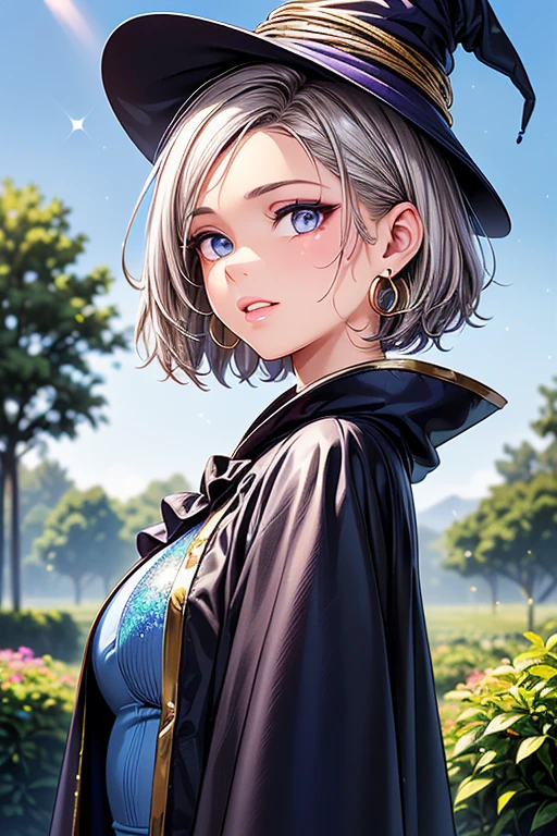 #Basics A girl is posing for a photo, (((One Girl))), (((Baby Face:1.4)) + ((cute:1.4)) + ((15 years old))),
break
#Clothing Accessories
((Wizard Costume) : ((Blue clothes) + (Wide sleeves) + (Long sleeve)) + ((Purple Robe)) + ((Purple Witch Hat)) + ((Red on black)Long Cape:1.2) + (Glossy black high heels:1.2),
(Gold hoop earrings),
break
#Features
((Silver Hair:1.2)) + ((Center-parted bangs + The forehead is visible)) + ((Pixie Cut Hair) : (Very short hair:1.4) + Curly hair + Hair that bounces outwards + Messy hair),
((Droopy eyes:1.4, Big eyes:1.2), blue eyes), (Small breasts), (Neutral facial features),
break
#background environment
((noon, Fantasy World, Sunlit royal garden, blue sky)),
#Facial Expression Pose
((Evil look, Laughter)), ((Confident and powerful pose)),
#composition
((To the camera), (Angle from the front), (Character Focus), (Cowboy Shot)),
break
#Body parts elements
(Slim figure),
(Symmetrical facial features),
(Detailed Hair, Beautiful Hair, Shiny Hair),
(double eyelid, Long eyelashes, Thin eyebrows:0.5, Thin eyebrows:0.5),
(Expression of fine eyes, Beautiful and delicate eyes, Sparkling eyes, Eye Reflexes, Glitter Eyeliner),
(Human Ear),
(Beautiful Nose, Thin Nose),
(Glossy Lips, Beautiful Lips, Thick lips),
(Detailed skin, Textured skin, Beautiful Skin, Oily skin),
break
#quality
(((最高quality)), ((masterpiece:1.3)), ((Very detailed))), ((Ultra-high resolution)), ((16K)), ((1080P)), ((Full HD)),
((Anatomically correct)), ((Realistic)), (3DCG), ((Oil painting)),
((comics, anime)), (CG illustration), (RAW Photos),