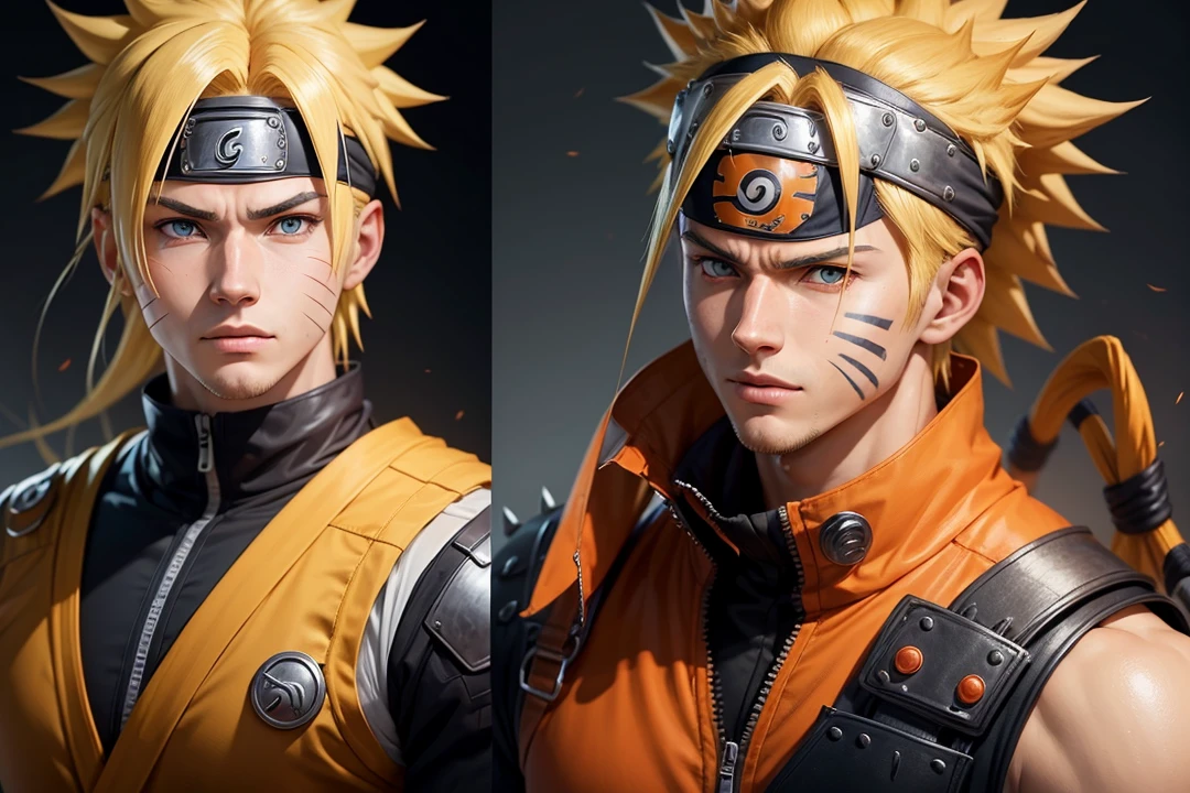 A realistic portrait of a person with facial features resembling Naruto Uzumaki. The person should have spiky blond hair, blue eyes, and the signature whisker-like marks on the cheeks. The clothing should resemble Naruto's outfit, with an orange and black color scheme and a headband with a metallic plate displaying a symbol on the forehead. The expression should be determined and confident, capturing the heroic and spirited nature of Naruto."You can adjust the prompt depending on your specific features (like skin tone, face shape, etc.) to better match your face.