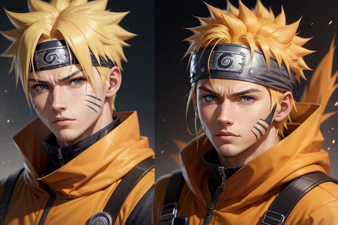 A realistic portrait of a person with facial features resembling Naruto Uzumaki. The person should have spiky blond hair, blue eyes, and the signature whisker-like marks on the cheeks. The clothing should resemble Naruto's outfit, with an orange and black color scheme and a headband with a metallic plate displaying a symbol on the forehead. The expression should be determined and confident, capturing the heroic and spirited nature of Naruto."You can adjust the prompt depending on your specific features (like skin tone, face shape, etc.) to better match your face.