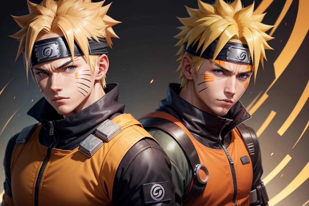 A realistic portrait of a person with facial features resembling Naruto Uzumaki. The person should have spiky blond hair, blue eyes, and the signature whisker-like marks on the cheeks. The clothing should resemble Naruto's outfit, with an orange and black color scheme and a headband with a metallic plate displaying a symbol on the forehead. The expression should be determined and confident, capturing the heroic and spirited nature of Naruto."You can adjust the prompt depending on your specific features (like skin tone, face shape, etc.) to better match your face.