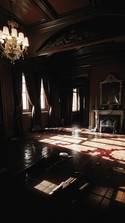 The interior of a luxurious, old mansion with a blood-stained rug in the center. Several lifeless bodies are scattered around, and the room is in disarray. The lighting is dark and moody, enhancing the sense of foreboding.