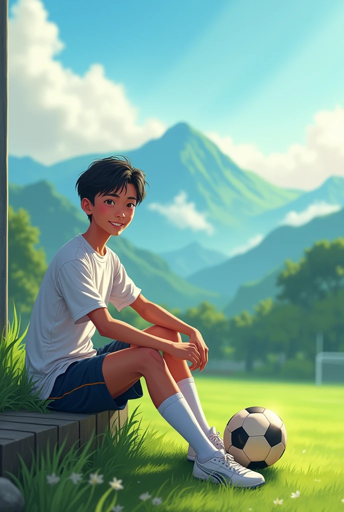 Smudge painting. A young man from Indonesia aged 20 years, brown skin, short black hair, thin and neat. He was wearing a t-shirt and shorts, socks and white Puma football shoes. Sitting on the edge of the village football field, there is a ball by his side, his expression is smiling, facing the camera. The atmosphere of the football field was very beautiful, you could see green mountains and hills covered in clouds from a distance, the sunny weather in the afternoon added to the cool and beautiful impression. Anime, ultra Hd.
