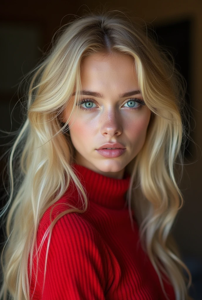 Create a realistic image of a 20 year old woman, longs cheveux blonds, Blue-green eyes dressed in red selfi realist, sexy