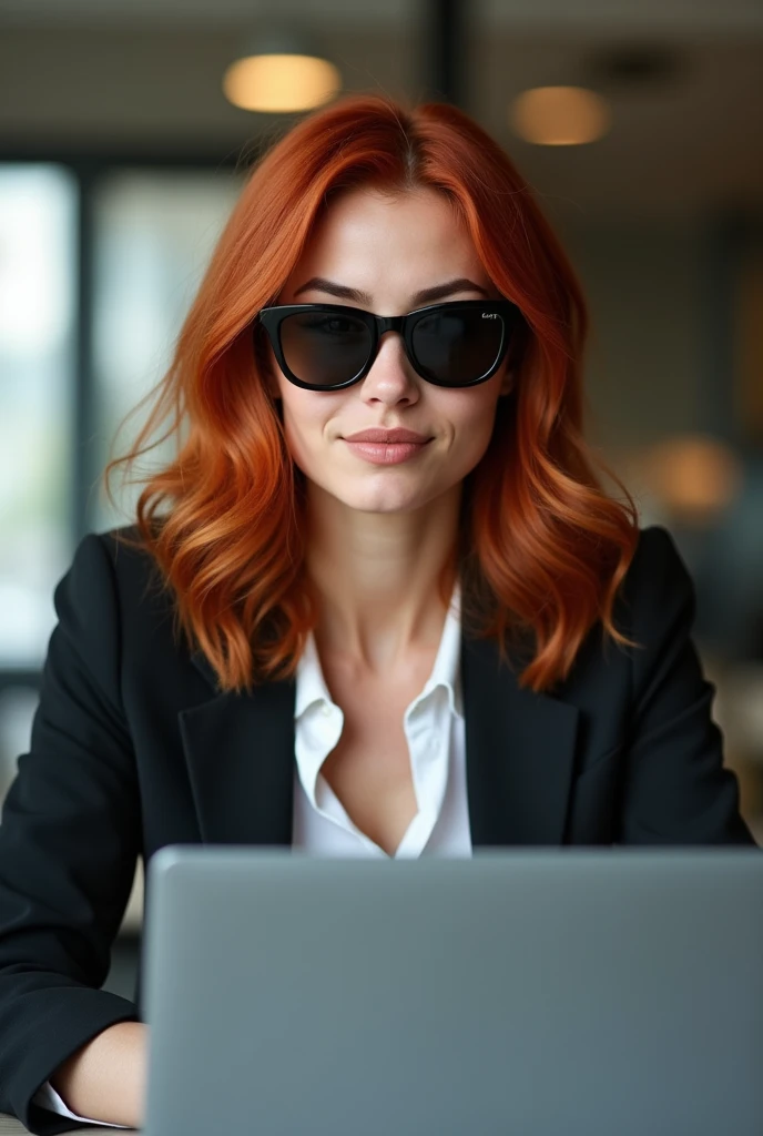 Brazilian woman in her 25s with red hair wearing sunglasses and business attire sitting down and using her laptop